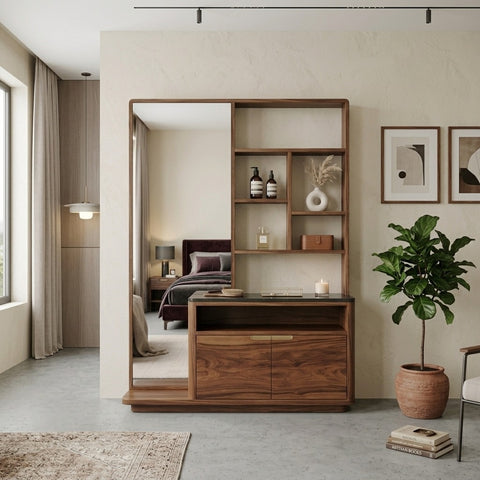 PRITI Sheesham Wood Dressing Table with Mirror and Storage (Dark walnut Finish)