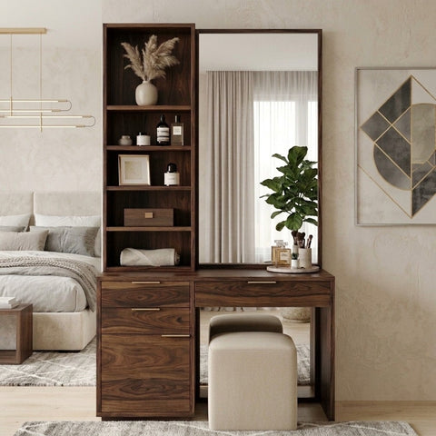 PRITI Sheesham Wood Dressing Table with Mirror and Storage (Dark Walnut Finish)