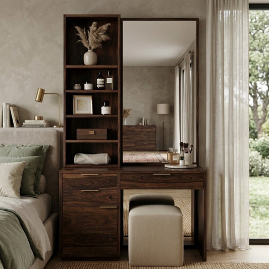 PRITI Sheesham Wood Dressing Table with Mirror and Storage (Dark Walnut Finish)