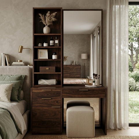 PRITI Sheesham Wood Dressing Table with Mirror and Storage (Dark Walnut Finish)