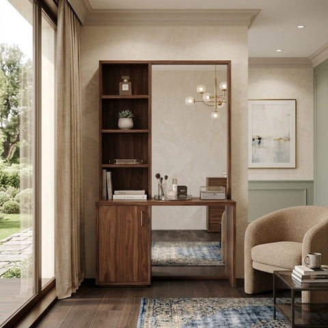 PRITI Sheesham Wood Dressing Table with Mirror and Storage (Dark Walnut Finish)