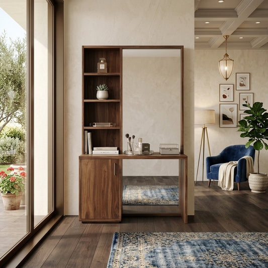 PRITI Sheesham Wood Dressing Table with Mirror and Storage (Dark Walnut Finish)