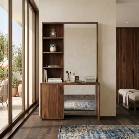 PRITI Sheesham Wood Dressing Table with Mirror and Storage (Dark Walnut Finish)