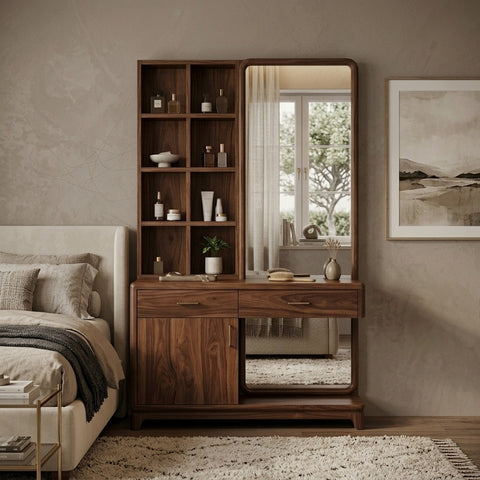 PRITI Sheesham Wood Dressing Table with Mirror and Storage (Dark Walnut Finish)