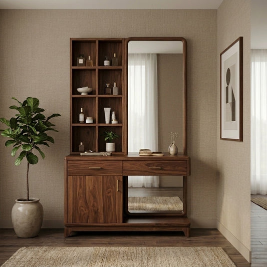 PRITI Sheesham Wood Dressing Table with Mirror and Storage (Dark Walnut Finish)