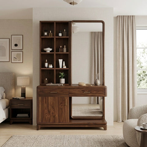PRITI Sheesham Wood Dressing Table with Mirror and Storage (Dark Walnut Finish)