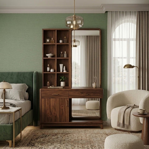 PRITI Sheesham Wood Dressing Table with Mirror and Storage (Dark Walnut Finish)