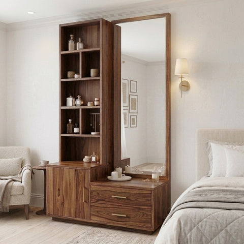 PRITI Sheesham Wood Dressing Table with Mirror and Storage (Dark Walnut Finish)
