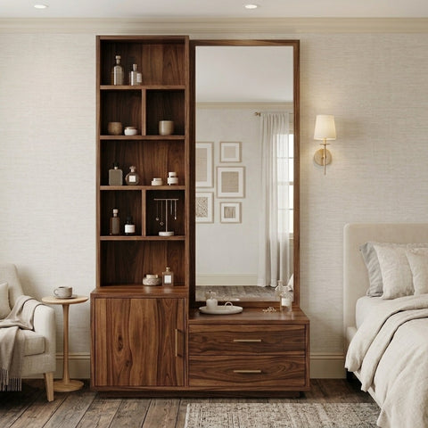 PRITI Sheesham Wood Dressing Table with Mirror and Storage (Dark Walnut Finish)