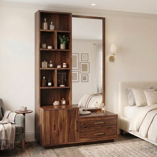 PRITI Sheesham Wood Dressing Table with Mirror and Storage (Dark Walnut Finish)
