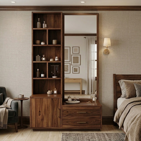 PRITI Sheesham Wood Dressing Table with Mirror and Storage (Dark Walnut Finish)