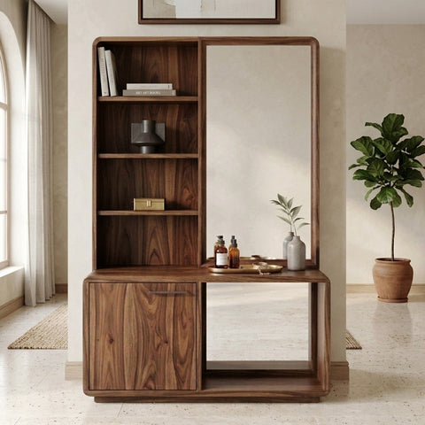 PRITI Sheesham Wood Dressing Table with Mirror and Storage (Dark Walnut Finish)