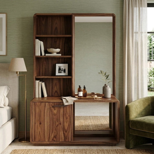PRITI Sheesham Wood Dressing Table with Mirror and Storage (Dark Walnut Finish)