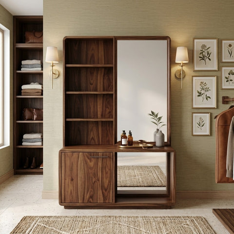 PRITI Sheesham Wood Dressing Table with Mirror and Storage (Dark Walnut Finish)