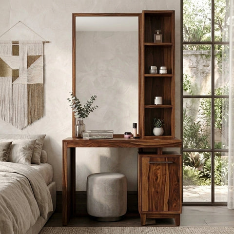 PRITI Sheesham Wood Dressing Table with Mirror and Storage (Dark Walnut Finish)