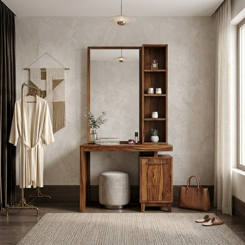 PRITI Sheesham Wood Dressing Table with Mirror and Storage (Dark Walnut Finish)
