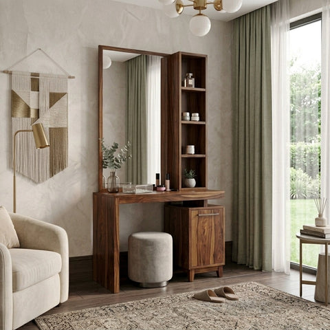 PRITI Sheesham Wood Dressing Table with Mirror and Storage (Dark Walnut Finish)