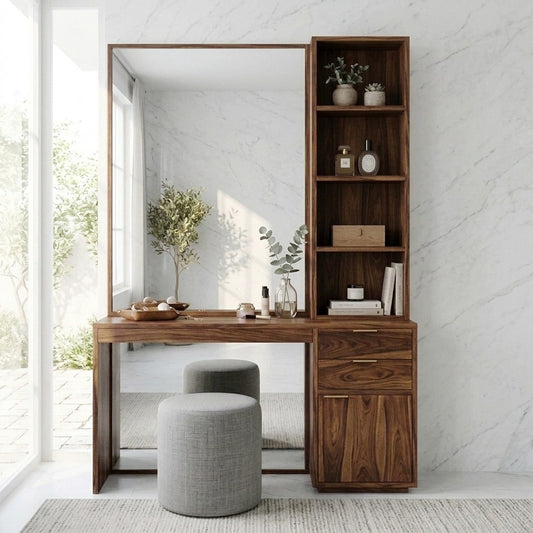 PRITI Sheesham Wood Dressing Table with Mirror and Storage (dark Walnut Finish)