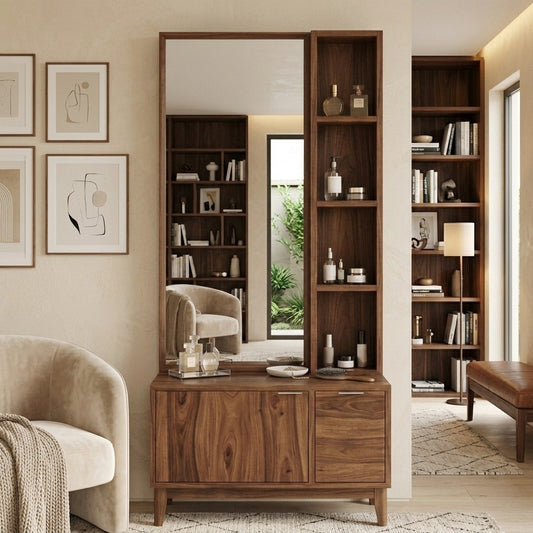 PRITI Sheesham Wood Dressing Table with Mirror and Storage (Dark Walnut Finish)