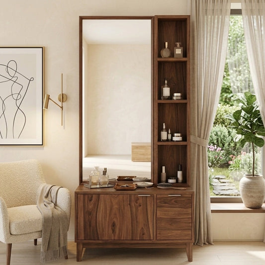 PRITI Sheesham Wood Dressing Table with Mirror and Storage (Dark Walnut Finish)