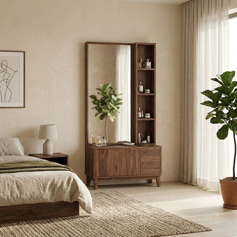PRITI Sheesham Wood Dressing Table with Mirror and Storage (Dark Walnut Finish)