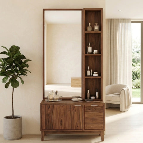 PRITI Sheesham Wood Dressing Table with Mirror and Storage (Dark Walnut Finish)