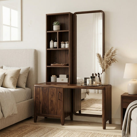 PRITI Sheesham Wood Dressing Table with Mirror and Storage (Dark Walnut Finish)