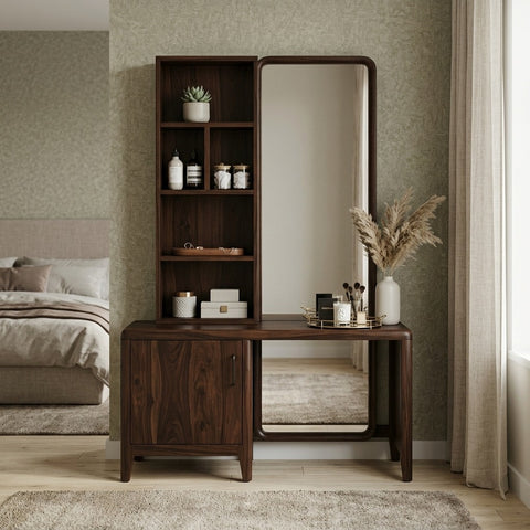 PRITI Sheesham Wood Dressing Table with Mirror and Storage (Dark Walnut Finish)
