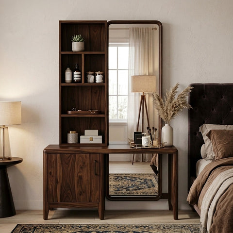 PRITI Sheesham Wood Dressing Table with Mirror and Storage (Dark Walnut Finish)