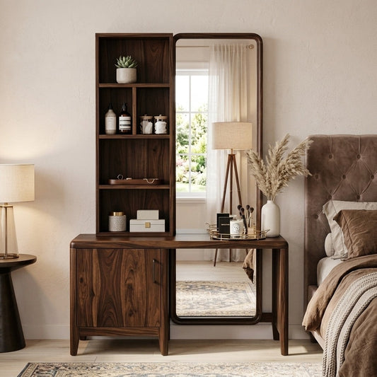 PRITI Sheesham Wood Dressing Table with Mirror and Storage (Dark Walnut Finish)