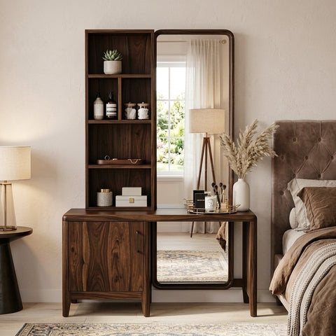 PRITI Sheesham Wood Dressing Table with Mirror and Storage (Dark Walnut Finish)