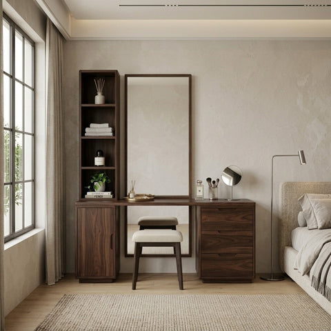 PRITI Sheesham Wood Dressing Table with Mirror and Storage (Dark Walnut Finish)
