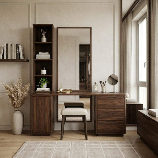 PRITI Sheesham Wood Dressing Table with Mirror and Storage (Dark Walnut Finish)