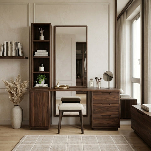 PRITI Sheesham Wood Dressing Table with Mirror and Storage (Dark Walnut Finish)