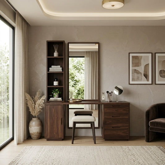 PRITI Sheesham Wood Dressing Table with Mirror and Storage (Dark Walnut Finish)