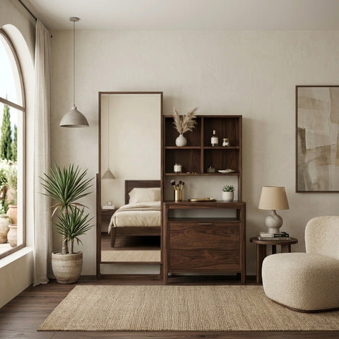 PRITI Sheesham Wood Dressing Table with Mirror and Storage (Dark Walnut Finish)