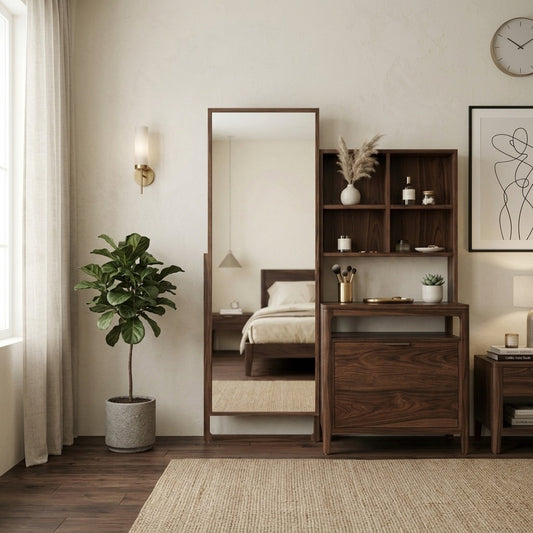 PRITI Sheesham Wood Dressing Table with Mirror and Storage (Dark Walnut Finish)
