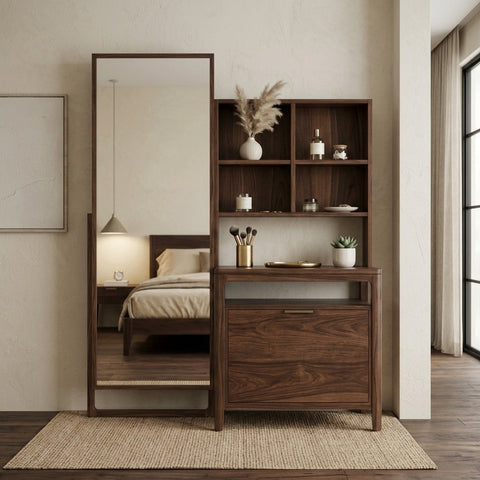 PRITI Sheesham Wood Dressing Table with Mirror and Storage (Dark Walnut Finish)