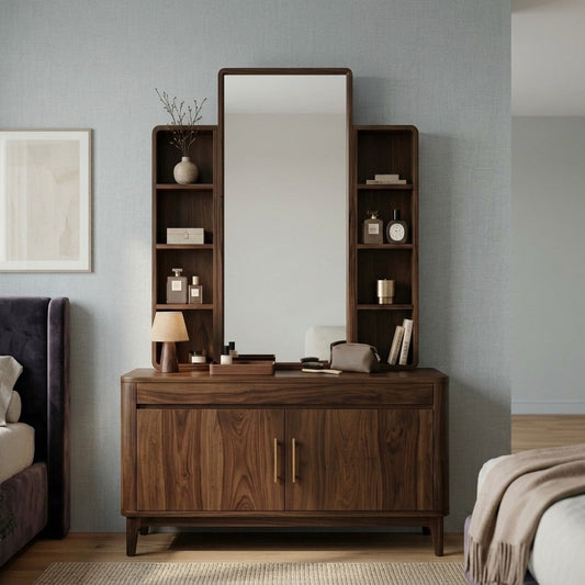 PRITI Sheesham Wood Dressing Table with Mirror and Storage (Dark Walnut Finish)