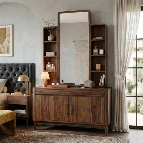 PRITI Sheesham Wood Dressing Table with Mirror and Storage (Dark Walnut Finish)