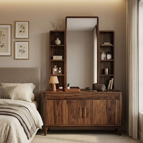 PRITI Sheesham Wood Dressing Table with Mirror and Storage (Dark Walnut Finish)