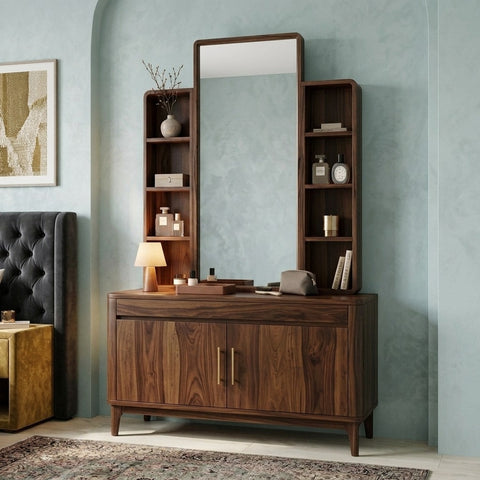 PRITI Sheesham Wood Dressing Table with Mirror and Storage (Dark Walnut Finish)