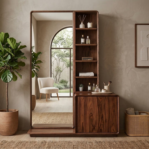 PRITI Sheesham Wood Dressing Table with Mirror and Storage (Dark Walnut Finish)