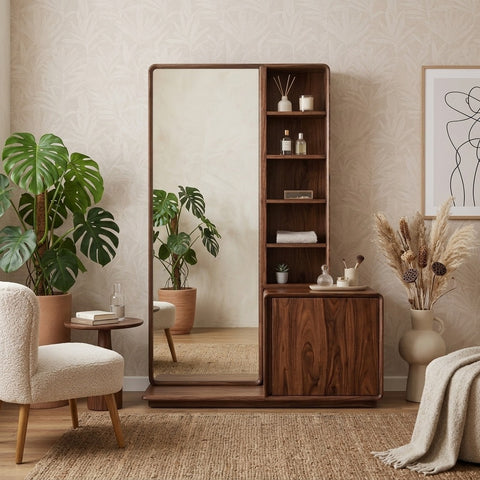 PRITI Sheesham Wood Dressing Table with Mirror and Storage (Dark Walnut Finish)