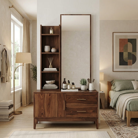 PRITI Sheesham Wood Dressing Table with Mirror and Storage (Dark Walnut Finish)
