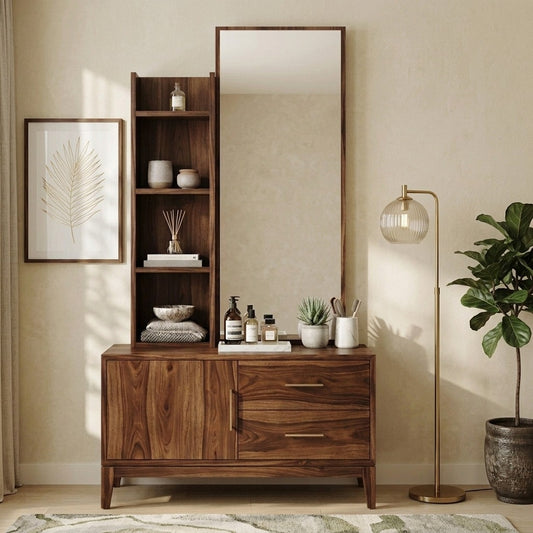 PRITI Sheesham Wood Dressing Table with Mirror and Storage (Dark Walnut Finish)