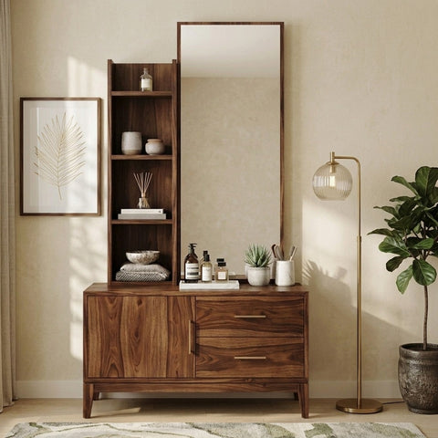PRITI Sheesham Wood Dressing Table with Mirror and Storage (Dark Walnut Finish)