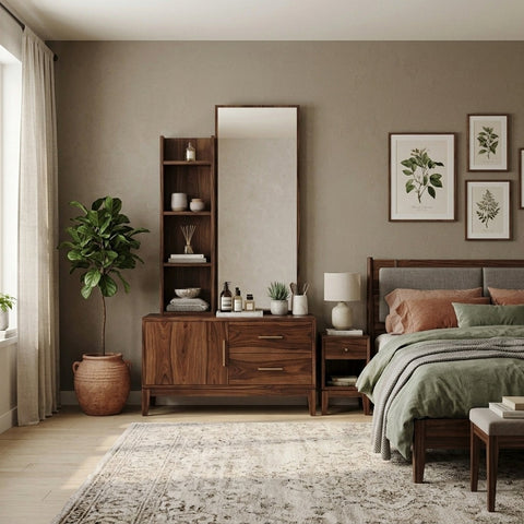 PRITI Sheesham Wood Dressing Table with Mirror and Storage (Dark Walnut Finish)