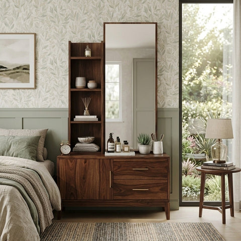 PRITI Sheesham Wood Dressing Table with Mirror and Storage (Dark Walnut Finish)