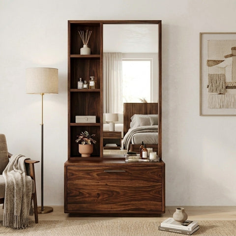 PRITI Sheesham Wood Dressing Table with Mirror and Storage (Dark Walnut Finish)